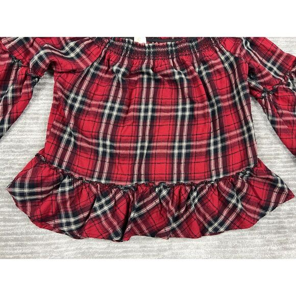 C‎ Label Top Womens Large Red Plaid Off Shoulder 3/4 Sleeve Bohemian Casual - Picture 3 of 12